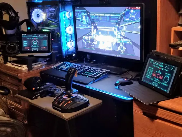 A player's desk setup running GameGlass panels on a tablet