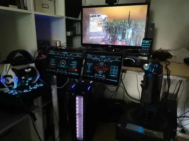 A player's desk setup running GameGlass panels on a tablet