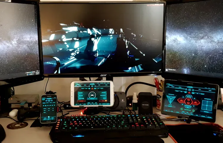 A player's desk setup running GameGlass panels on a tablet