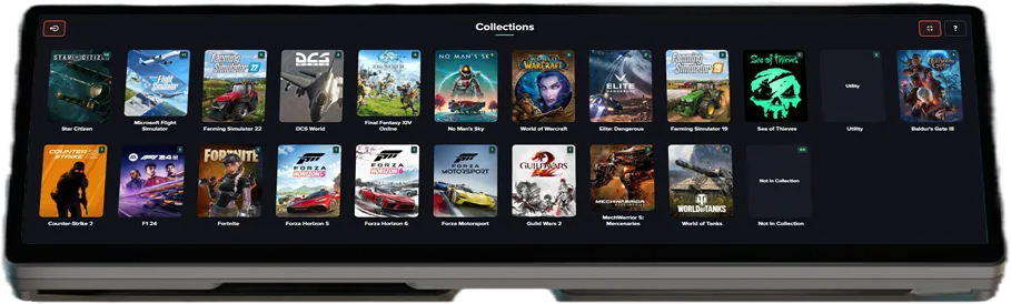 A Corsair Xeneon Edge showing the GameGlass Collections screen